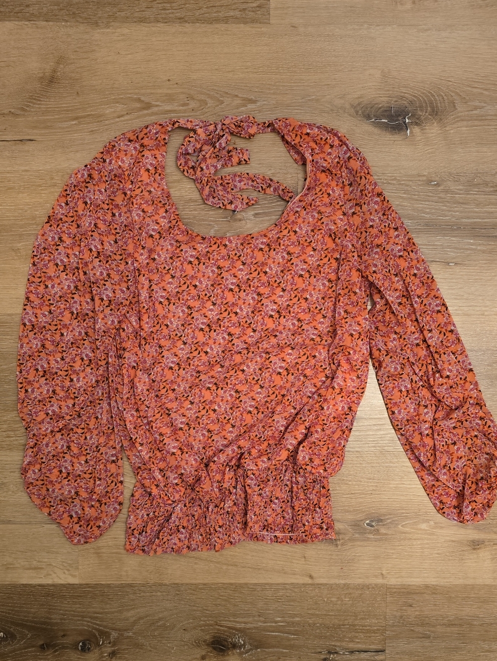 Willow & Root Coral Floral Tie-Neck Long Sleeve Blouse